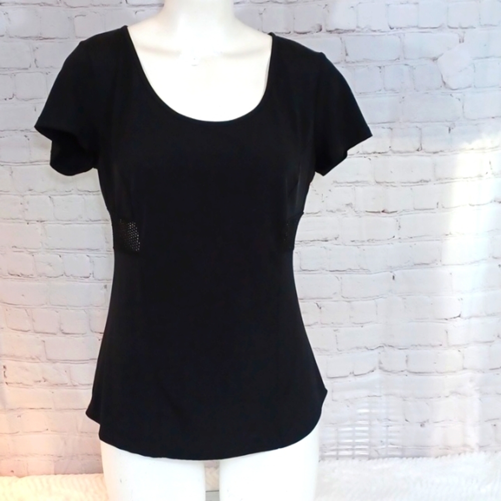 black mesh back scoop neck blouse top sheer panel short sleeve size xl